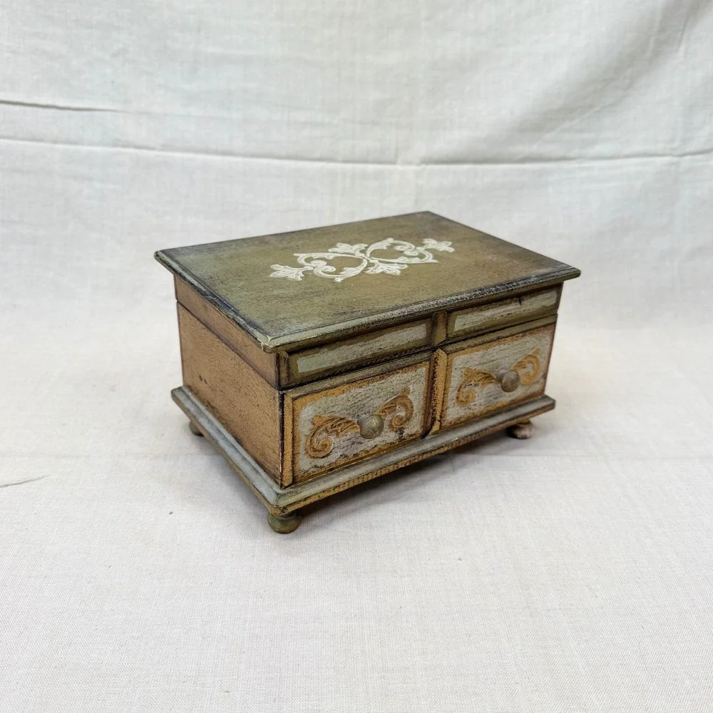 Vintage Italian Florentine Jewelry Box Gold Gilt Wood Red Velvet Mirror Trinket